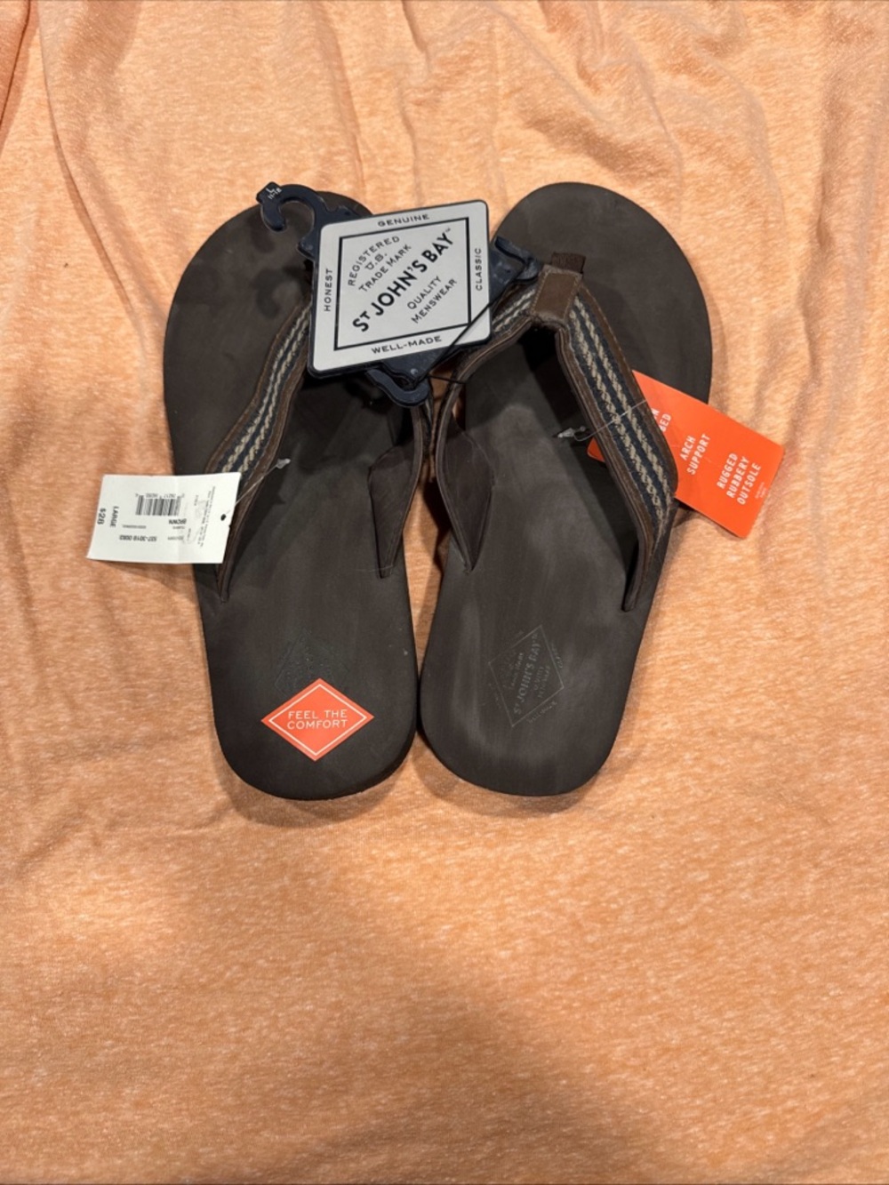 St. John's Bay Men's Dark Brown Flip-Flops with Striped Fabric Straps L 11/12